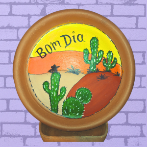 Prato de Barro/Cerâmica decorativo pintado a mão com suporte "Bom dia ".
