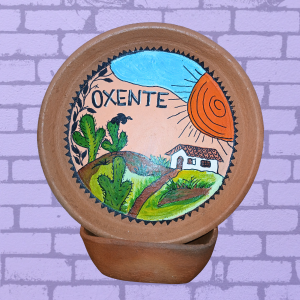 Prato Decorativo de Barro/cerâmica pintado a mão "Oxente/ Paisagem".